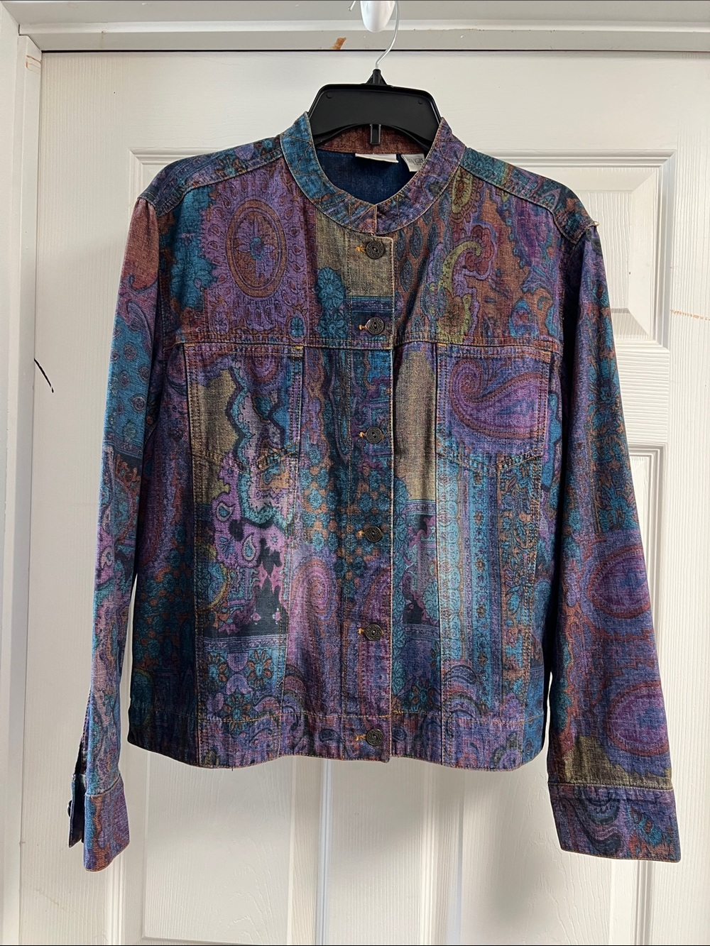 Chico's Multicolor Jean Jacket — Purple & Teal Motif 12-14(2)